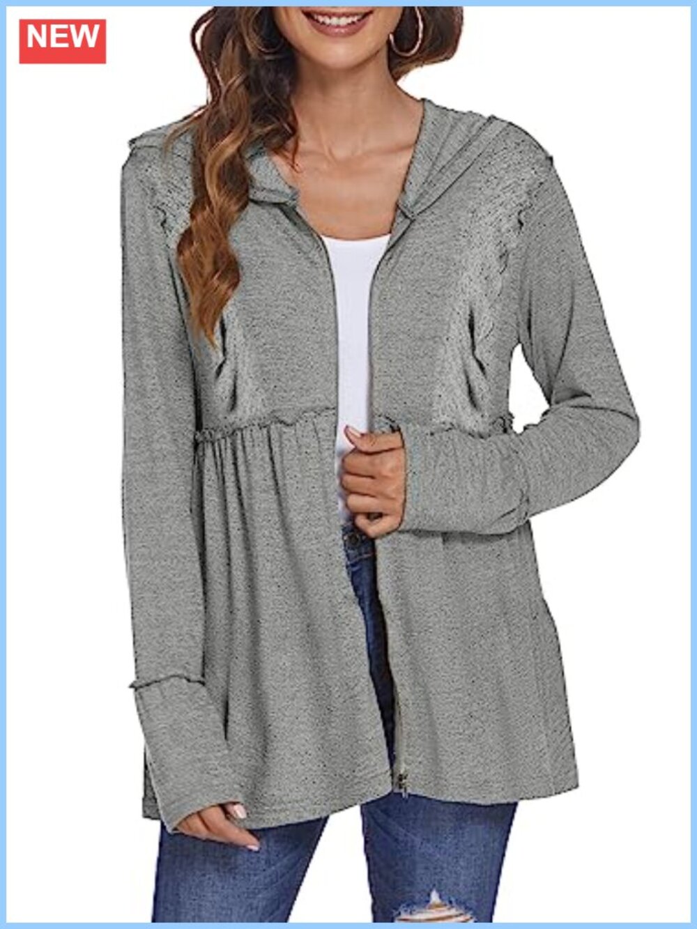 Women's Full Zip Up Hoodie Pleated Tiered Ruffle Jacket Long Sleeve